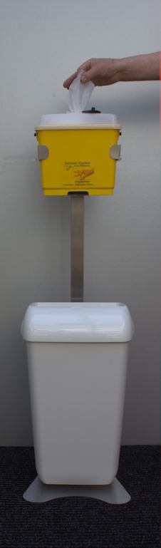 Alcohol doekjes dispenser op statief met afvalbak wit Image